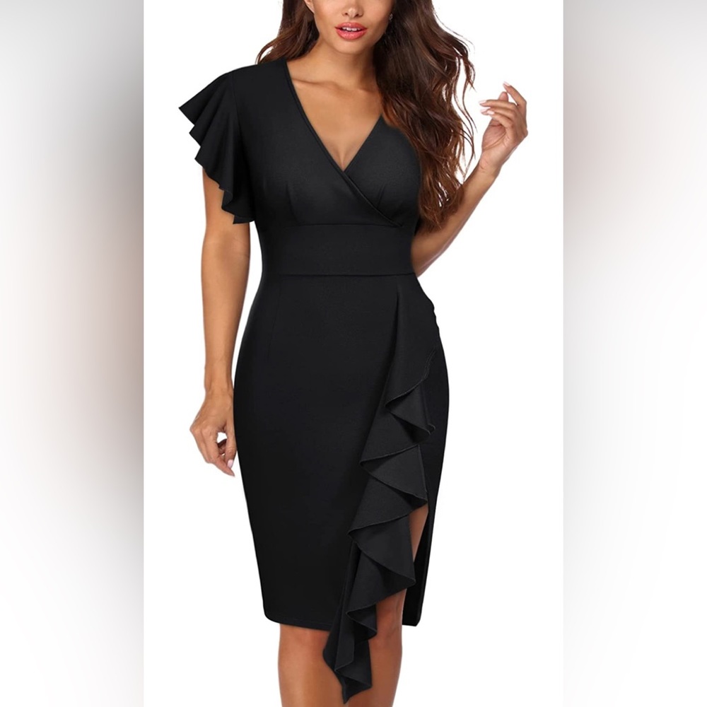 NWT-Knitee Women's Deep-V Neck Ruffle Sleeves Cocktail Party Pencil Slit Formal